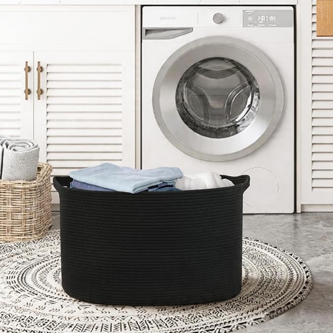 Extra Large Basket for Blankets, 23.6" x 17" x 12" Black Blanket Storage for Living Room, Big Cotton Rope Pillow Holder, Rectangle Kid Dog Toy Bin Box, Woven Laundry Basket, Shoe Bin Entryway