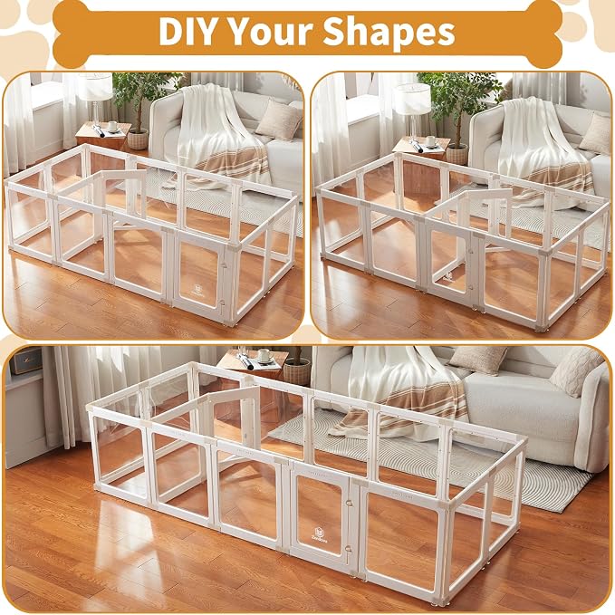 Acrylic Dog Playpen Indoor for Small Dogs & Puppies | 2 Rooms Clear Pet Playpen, Easy Clean & Assemble, Modern No-Bar Design, Escape-Proof & Sturdy, 23.6", 16 Panels, White