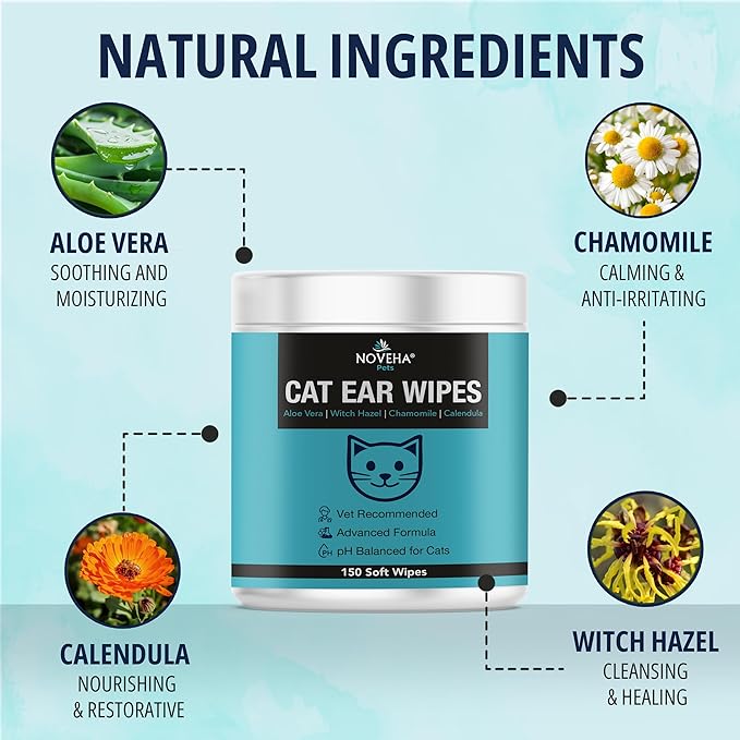 NOVEHA 150 PCs Cat Ear Wipes that Gently Clean & Soothe Sensitive Cat Ears; Soft Ear Cleaner for Removing Wax, Dirt & Odor; Alcohol-Free Ear Care with pH Balanced Formula; Unscented Grooming Care