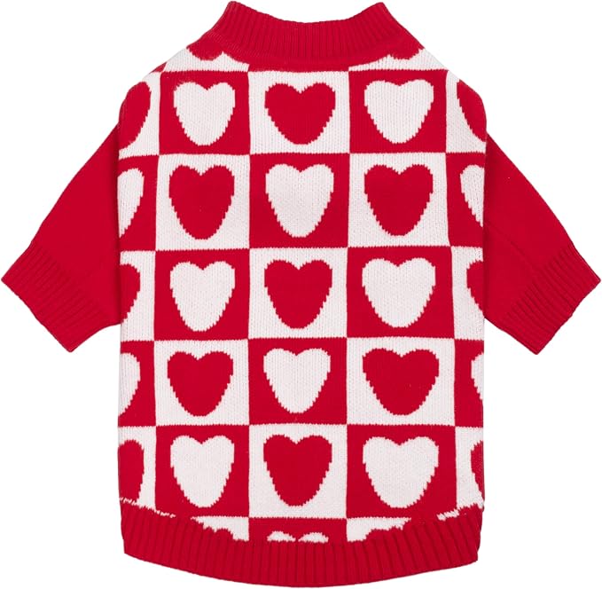 Fitwarm Checkered Heart Dog Sweater, Cozy Valentines Outfit for Small Dogs Girl, Festive Pet Clothes, Red, White, XS