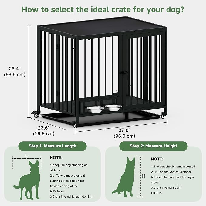 Heavy Duty Dog Crate for Medium Dogs, 3 in 1 37.8" Foldable Collapsible Dog Kennel & Playpen with Wheels & Feeding Bowls, Escape-Proof Metal Dog Cage with Lockable Door for Indoor Outdoor Use, Black