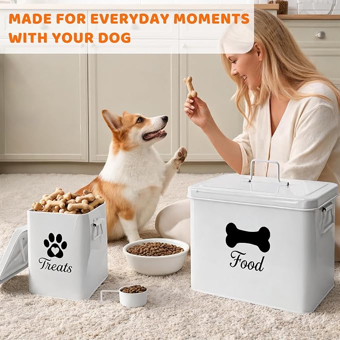 Dog Treat Container Set of 2, Airtight Metal Dog Food Storage Container (12-15 lb & 6-8 lb Capacity), Large & Small Kibble Storage Containers with Lid and 2 Scoops, for Dry Food and Treats (White)