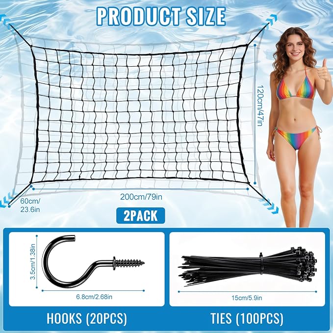 79" * 47" Pool Float Toy Storage Net, 2Pcs Extra Large Hanging Elastic Mesh Pool Storage with 20 Hooks & 200 Ties, Swimming Poolside Fence Toys Holder for Floats, Balls, Water Inflatable Toys Rafts