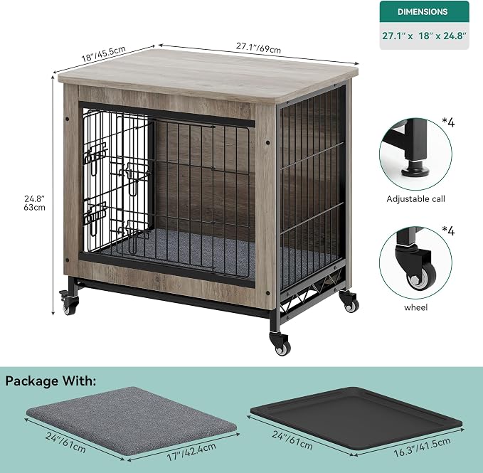 YITAHOME 27" Dog Crate Furniture with Wheels, Cushion & Tray | Dog Kennel Indoor End Table with Double Doors for Small Dog, Gray