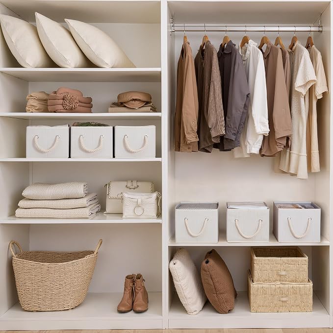 StorageWorks Fabric Storage Bins with Rope Handles, Beige, Small, 3-Pack | Fabric Storage Bins for Shelves, Storage Baskets for Closet Organization, Organizer Bins for Clothes Storage