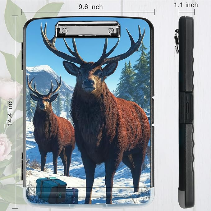 A4 Clipboard with Storage Pen Holder, Clipboards Organizer Nursing Clipboard Foldable File Folder Plastic Clipboard Folio Clip Board for Office Work Classroom Doctor, Snow Mountain Deer