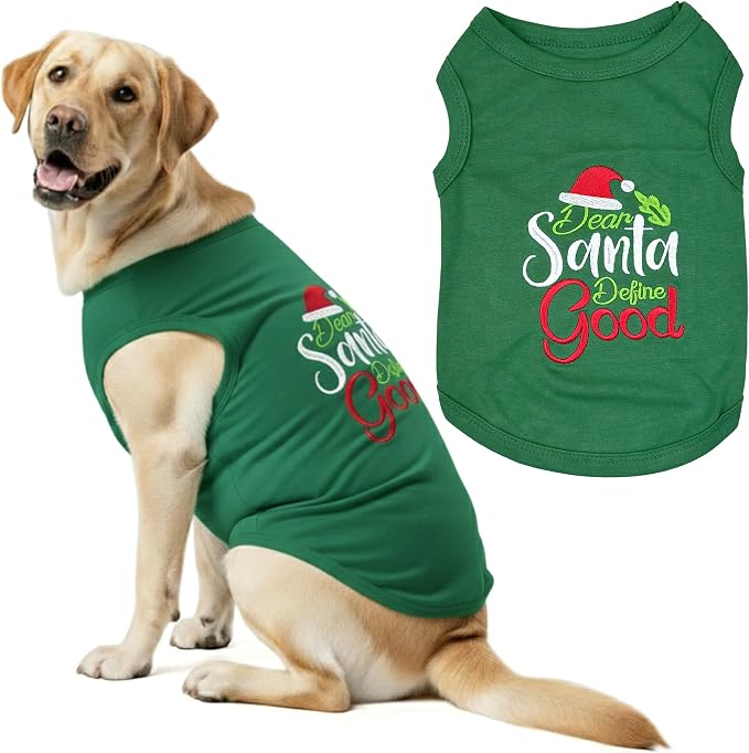 Parisian Pet Dog Tshirt - Embroidered “Dear Santa Define Good“ Dog Christmas Shirt - 100% Cotton Shirt - Sleeveless Clothes - Machine Washable Dogs Vest - Shirts for Large Dogs - 3XL