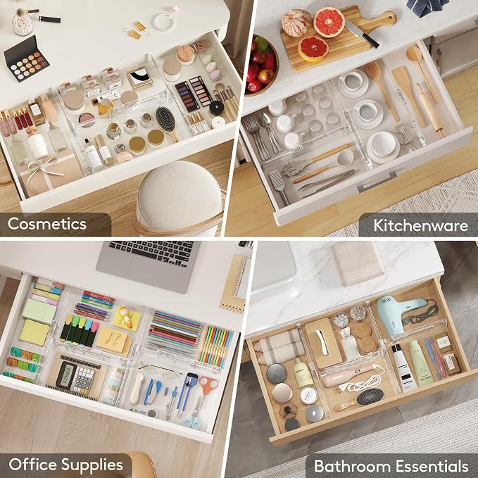 Lifewit 4" High Upgrade Drawer Divider, Adjustable Drawer Organizer Clothes | 12 Pack 11-17" Expandable Clear Plastic Drawer Separator for Dresser, Kitchen, Closet, Nursery, Office Organization & Storage