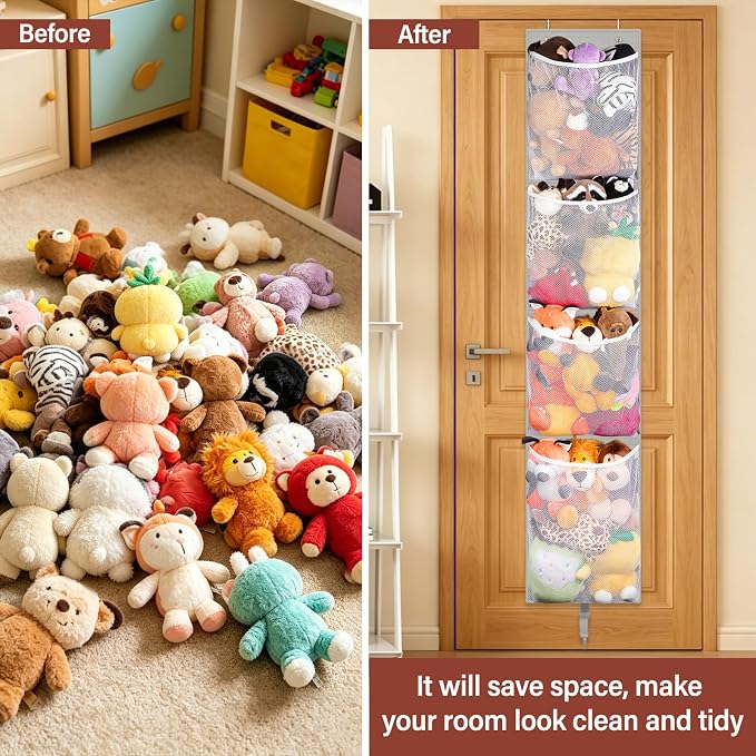 Stuffed Animal Storage Over Door, Hanging Plush Toy Organizer Holder | Gray Baby Doll & Bear Accessory Storage Idea, 12 Inch Wide Mesh Bag, Bi-Fold Behind Door Nursery Closet Girl Boy Kid Room