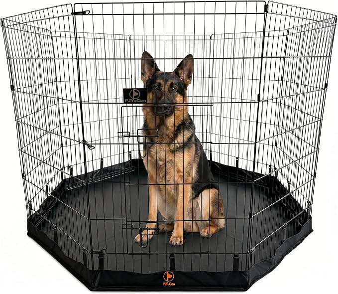 PJYuCien Puppy Playpen with Bottom Pad and Door, 8 Panels 42" H, Black | 24"W, Dual-function Pad, For Large Pets, Foldable Octagonal Pen, Versatile, Indoor & Outdoor, Backyard, Protects Floors