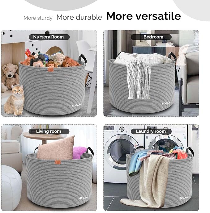 Cotton Rope Woven Laundry Basket 22"X 22"X 14" with handles(Gery) XXXL | Hand-woven, ideal for storing blankets and cushions in the living room, and clothes for household storage.