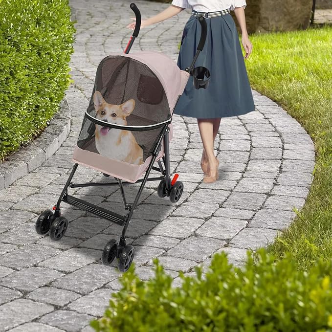 2 Wheels Pet Stroller, Foldable Pet Strolling Cart with Storage Basket and Cup Holder, Puppy Kitty Stroller with Weather Cover, Travel Gear for Medium Small Dogs and Cats Under 22lbs (Pink)