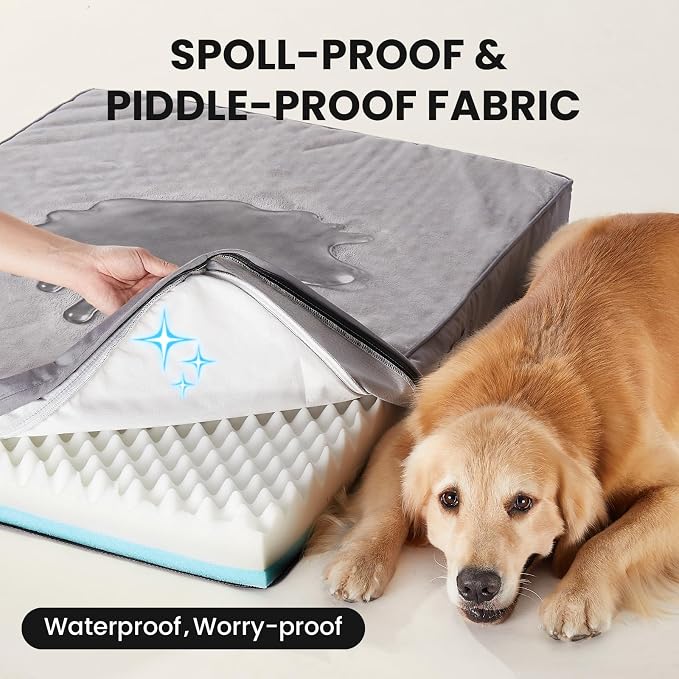 OhGeni Orthopedic Waterproof Large Dog Bed, Memory Foam, 44 inch(Gray) | Machine-Washable Removable Cover in Easy-Clean Fabric, Reversible Memory Foam & Easy-Carry Handle, Wider and Larger