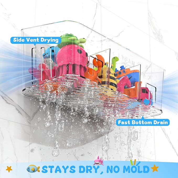 Bath Toy Storage 4 Packs, Large Bath Toy Holder - 3 Compartments, Quick-Dry | BPA-Free Bathtub Toy Organizer, Wall-Mounted Adhesive Shower Caddy, Bathroom Toy Basket & Bin for Baby, Toddler, Kids, Clear