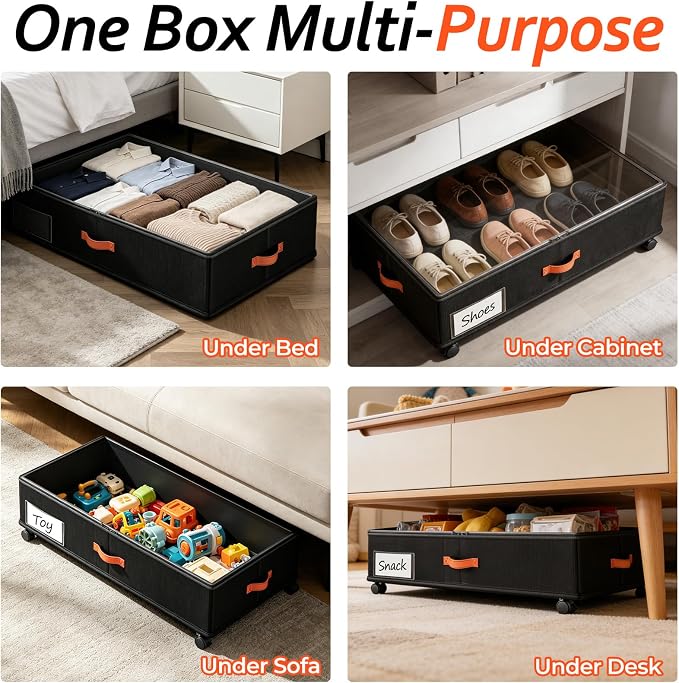 Scilulu Under Bed Storage with Wheels 4-Pack, 66L, 30" L x 16.2" W x 7.5" H | Rolling under bed drawers with sturdy frame, clear lids; underbed containers store clothes, shoes, blankets, toys & holiday