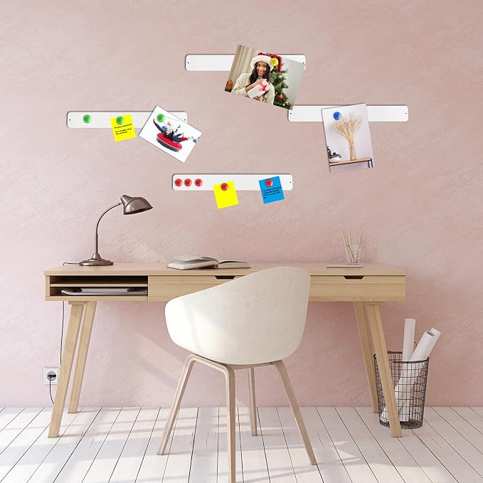 Outus 6 Pcs Magnetic Wall Strips 15" x 2", 48 Magnets, White | Metal display strips for notes, photos and memos; ideal for office, home, classroom and workspace.