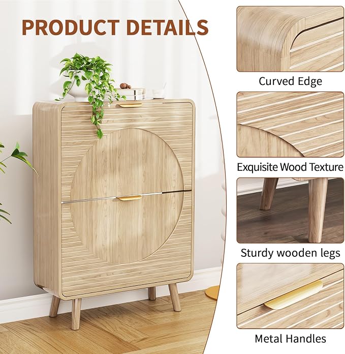 Shoe Storage Cabinet with 2 Flip Drawers for Entryway, 27.5" Freestanding Hidden Shoe Rack Cabinet, Narrow Shoe Organizer for Hallway, Foyer, Oak