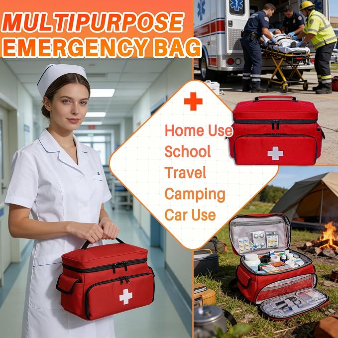 First Aid Bag Empty 12" x 9" x 7" Red Medical Bag Red Pill Bottle Organizer Portable Emergency Bag Travel Medicine Kit Storage Case First Aid Box for Car, Home, Office, Dorm, Outdoor (Small)