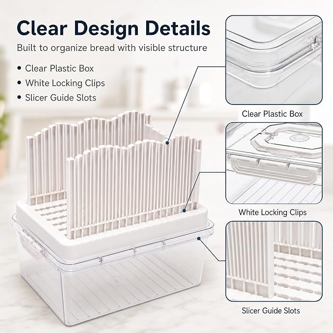 VECELO 2‑in‑1 Bread Slicer & Airtight Bread Storage Box with Handle, Plastic Bread Container with Lid for Keeping Fresh, Ideal for Bread, Cake, Buns,White