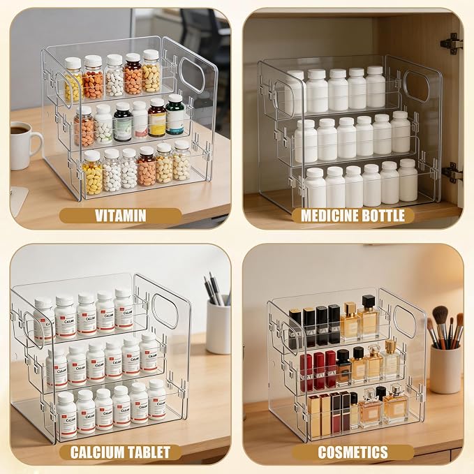 3-Tier Vitamin Storage Organizer with 7-Day Pill Box, Holder for Vitamin Bottles & Medicine Bottle,Supplement Rack for Cabinet Countertop Bathroom Kitchen Pantry, Includes Weekly Pill Organizer