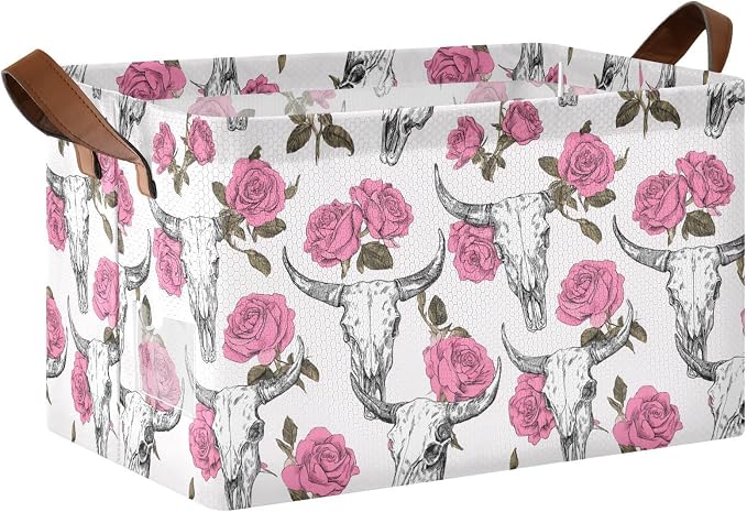 Cow Skulls and Pink Rose Flower Storage Basket Foldable Cube Storage Bins with Handles&Label Waterproof Collapsible Organizer Box Bin Large Rectangle Decorative Baskets for Shelves Home Room Laundry