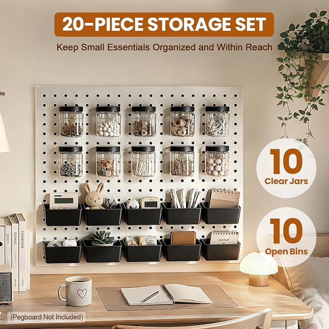 20PCS Pegboard Organizer Accessories, 10 Clear PET Jars with Lids & 10 Open ABS Bins, Fits 1/8” & 1/4” Pegboards, Wall Organizer Set for Garage, Workshop, Craft Room, Office & Home