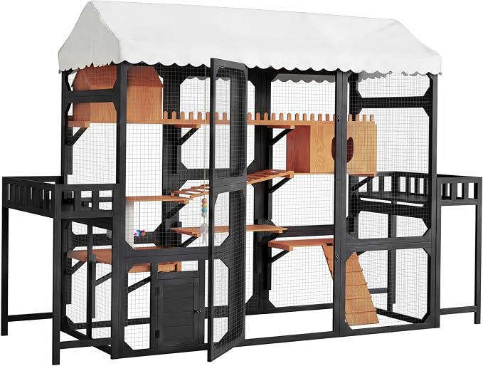 Large Outdoor Cat Enclosure Wooden Catio with Multi-Level Play Platforms, Climbing Ramps, Resting Boxes, Pom-Pom Toys & 2 Plant Stands, Weather-Resistant Roof & Wire Mesh for Backyard Patio, Black