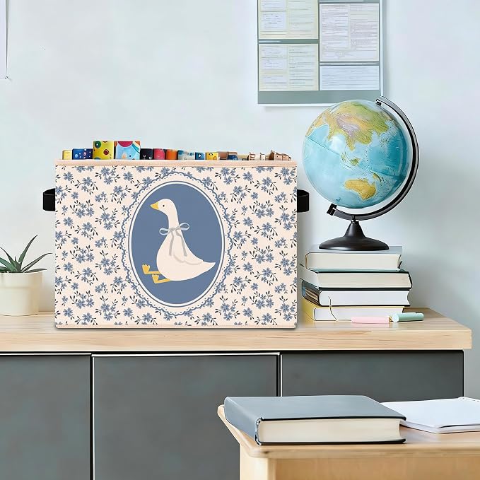 Blue Floral Goose Foldable Fabric Storage Bin for Kids Room | Blue floral cottagecore design; foldable storage basket for toys, books, clothes in nursery, bedroom or playroom.