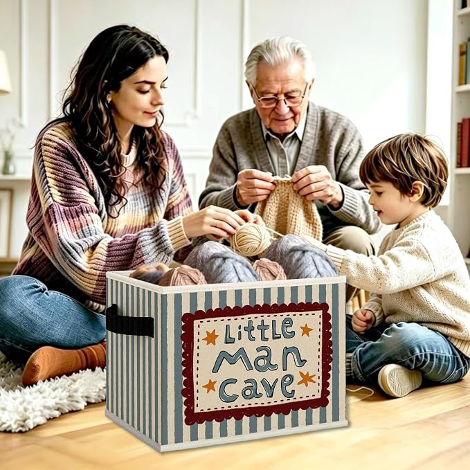 Boy Nursery Playroom Cube Storage Bins with Handles, Little Man Cave Blue Striped Collapsible Fabric Storage Basket Boxes Books Clothes Organizer for Kids Boys Room Bedroom Bathroom