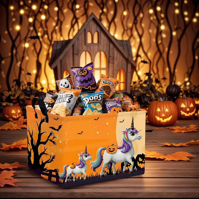Halloween Basket Gift Cute Pumpkin Ghost Parties Decor Kid Trick or Treat Basket for Boys and Girls Rectangular Storage Bin Box (Unicorn Bat)