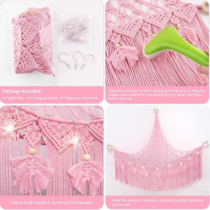 Macrame Stuffed Animal Storage with Star Light, Corner Hammock for Nursery | Corner Hanging Stuffed Animal Net Organizer for Girls' Room, Plushies Toy Wall Hanging Display Holder, Kid Gift