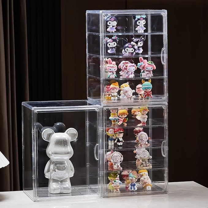 4 Tiers Clear Acrylic Display Case, Plastic Storage Bins with 3 Adjustable Divider and Magnetic Door,Stackable Display Box for Figures Showcase (XXL-4 Tier-1 Pack)