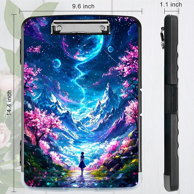 Moon Pink Tree A4 Clipboard with Storage Pen Holder, Clipboards Organizer Nursing Clipboard Foldable File Folder Plastic Clipboard Folio Clip Board for Office Students Classroom Doctor