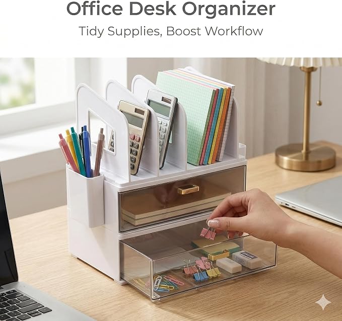 CiWiVOKi Desk Organizer with 4 File Slots and 2 Drawers, White | Desktop organizer with dual pen holders for storing files, mail, notebooks and office supplies in home or office use