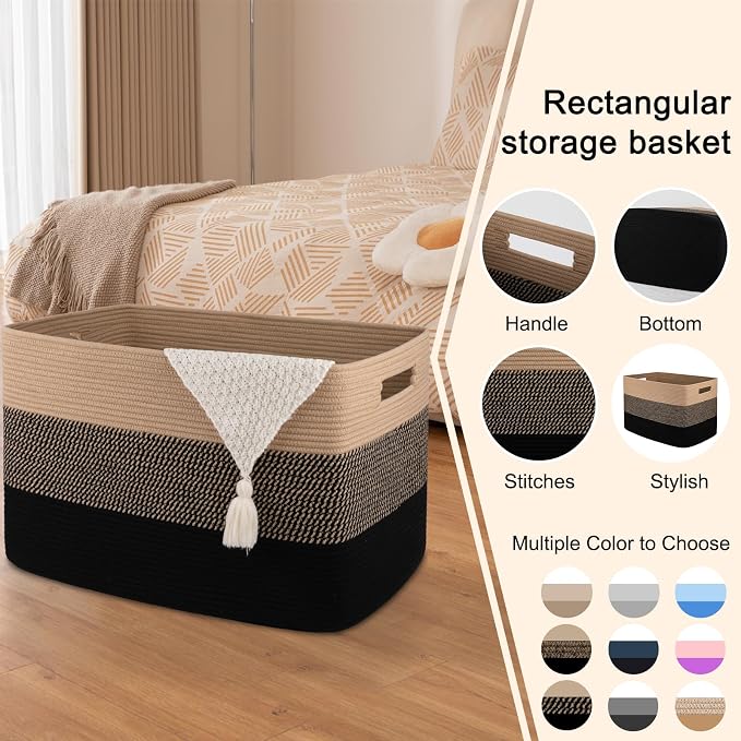 OIAHOMY 108L Extra Large Blanket Basket Dog Toy Basket Yellow and Black | Rectangle Woven Baskets for Storage Cotton Rope Basket For Living Room Toy Storage Blanket Storage Laundry Basket