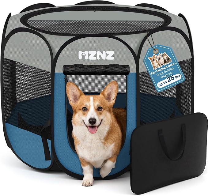 Dog Cat Small Animal Puppy Playpen Crate, Medium, Grey Blue | Portable Pop Up Pet Cage Enclosure Tent Kennel Indoor Outdoor with Carrying Case, No Assembly, Camping Use