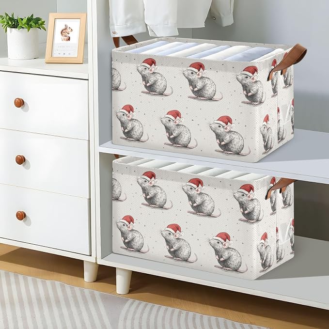 Christmas Cute Rat Pet Xmas Storage Basket Foldable Cube Storage Bins with Handles&Label Waterproof Collapsible Organizer Box Bin Large Rectangle Decorative Baskets for Shelves Home Room Laundry