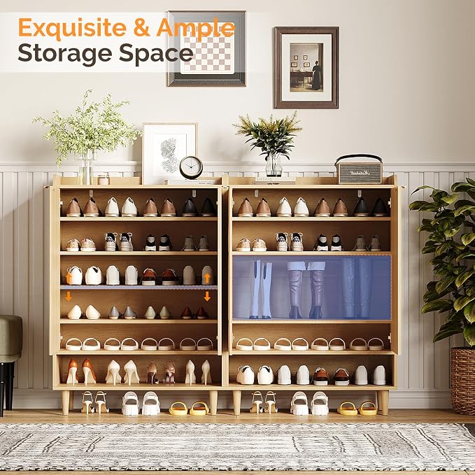 VINGLI Shoe Cabinet with Fluted Doors, 6 Tier Large Wooden Entryway Shoe Storage Cabinet with Adjustable Shelves,44.5" Tall Modern Freestanding Shoe Rack Organizer for Entryway, Hallway, Closet,Oak