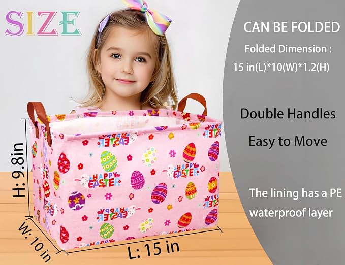 Large Rectangular Easter Baskets Empty Waterproof Boy Toy Box Foldable Kid's Gifts Storage Bin Spring Room Decor(HAPPY Pink Rabbit Egg)