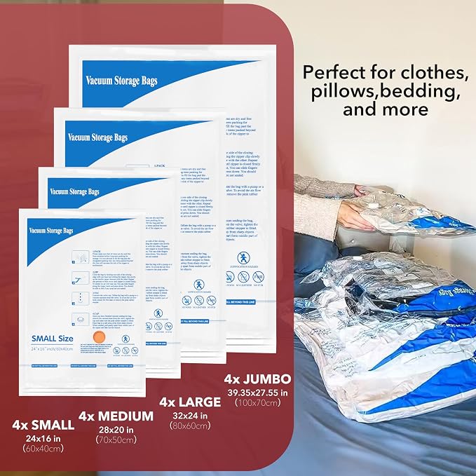 Vacuum Seal Bags for Clothing Travel & Home Storage, travel vacuum bags with pump, Store Blankets, Comforters, Pillows, Seasonal Clothes Compactly,16 Pack With Electric Pump
