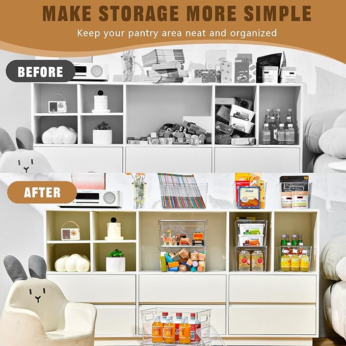 Freebat 12 Pack Clear Storage Bins with Lids, 7 Quart Pantry Organizer Bins | Large, Stackable Plastic Storage Containers, Pantry Organization for Office, Bedroom, Cabinet, Fridge,Kitchen Organization