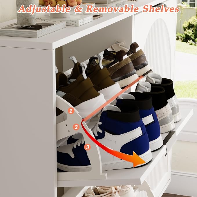 Shoe Storage Cabinet with 2 Flip Drawers, Narrow Wood Shoe Organizer Cabinet, Slim Freestanding Fluted Shoe Cabinet for Entryway, Living Room, Hallway (White, 4-Drawers)