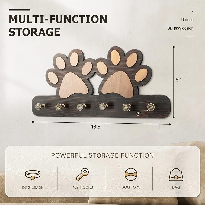 MTERSN Cute Dog Leash Holder for Wall for Apartment Essentials, Dark Brown | Acacia Wood, 3D Pet Claw Hooks, Wall Key Holder with 6 Hooks Dog Leash, Ideal for Wall Decor, Gift Idea for Dog Lovers