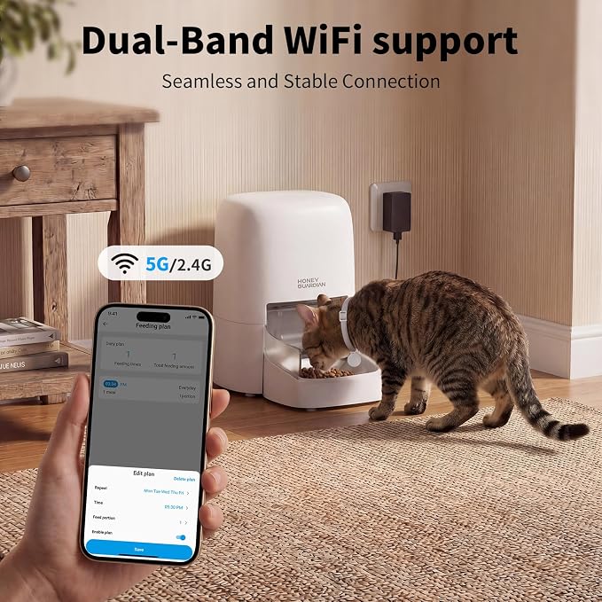 HoneyGuaridan RFID Automatic Cat Feeder with Collar Tag-Activated Personalized Meal, 5G WiFi APP Control Cat Food Dispenser with Diet Tracking and Anti-Theft for Multi Pet Home and Different Diet
