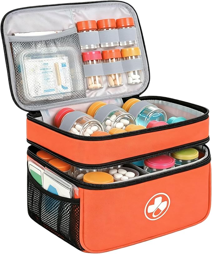 Dual Layers Medicine Organizer, Lockable Travel Pill Bag, Orange | Adjustable dividers for neat pill organization. Durable zippers & portable design suit daily use, travel or first aid kit