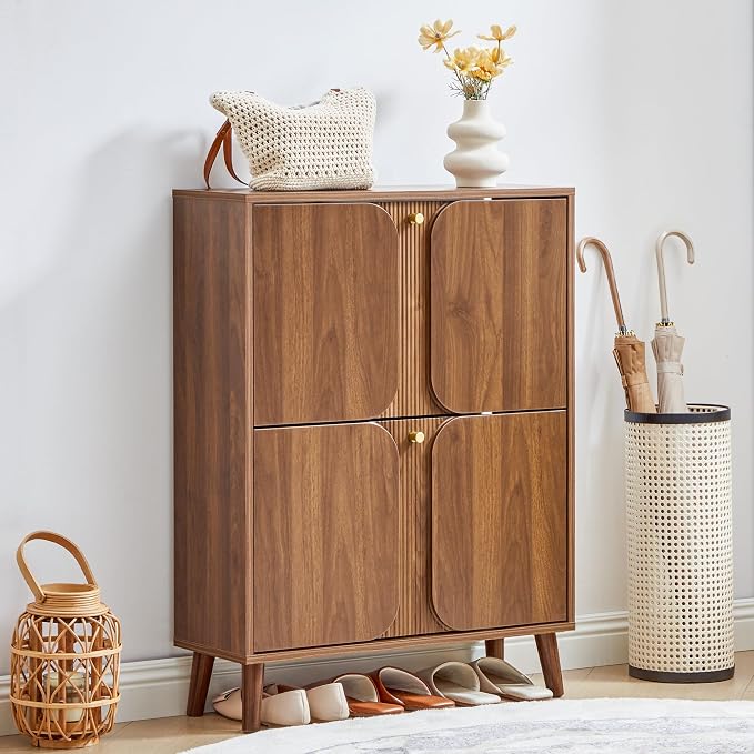 BERRYMERRY Unique 27.6" W Shoe Storage Cabinet with 2 Flip Drawers | Walnut,Hidden,Small,Front Door,Entryway,Narrow