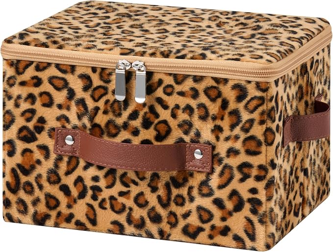 Storage Bins Boxes with Zipper Lids Leopard Print Cute Baskets | Velvet Fabric, PU Leather Handles, PP Plastic Board, Foldable Washable Lidded Closet Shelf Organizer Container, Brown, Small