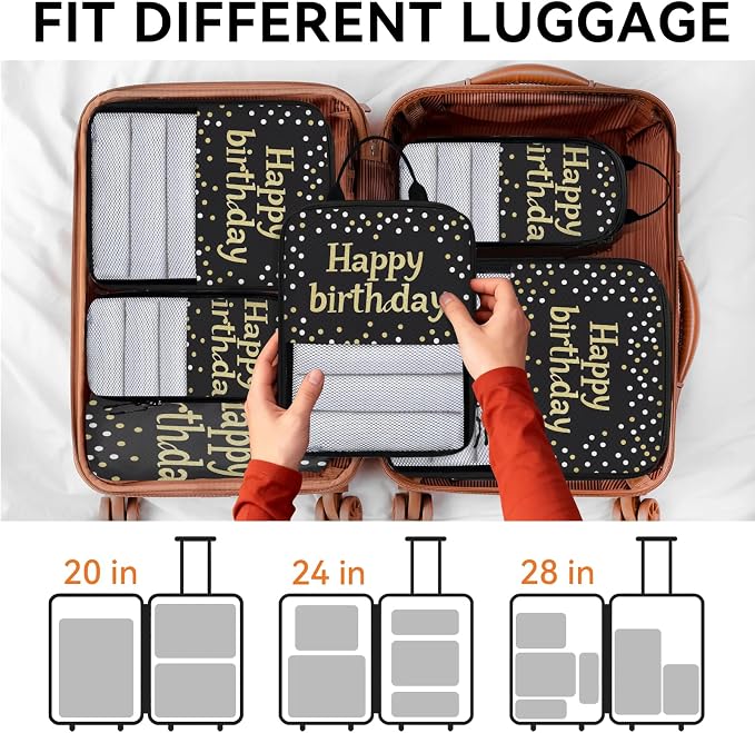 Happy Birthday 6 Set Compression Packing Cubes Birthday Theme Expandable Packing Organizer for Travel Accessories Luggage Suitcase Bag