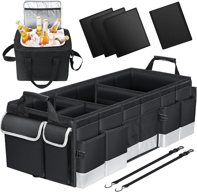 Oasser Trunk Organizer 95L with 20L Removable Cooler Bag for SUV | 4 Compartments, 9 Side Pockets, Foldable Lid, No Deformation, 1680D, Non Slip Bottom, 2 Adjustable Straps, Reflective Strip