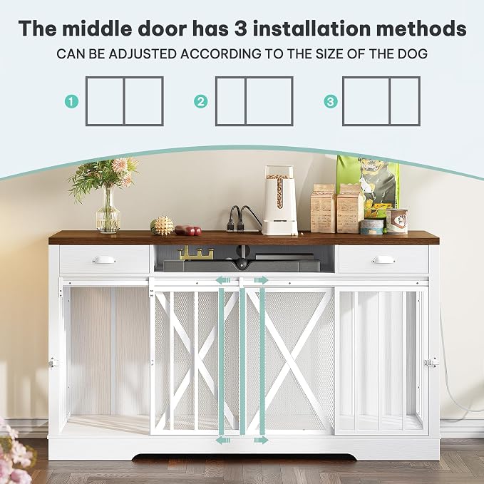YITAHOME 63" Double Dog Crate TV Stand with Charging Station for 2 Dogs | Heavy Duty Wooden Dog Crate, Dog Kennel Indoor Furniture Double Sliding Barn Door Design Ideal for 2 Dogs, White